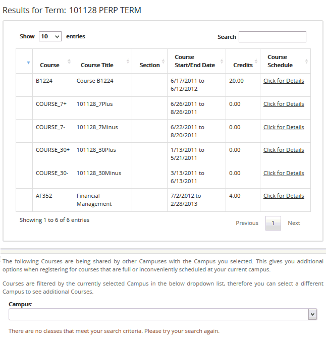 Course Schedule Search Results