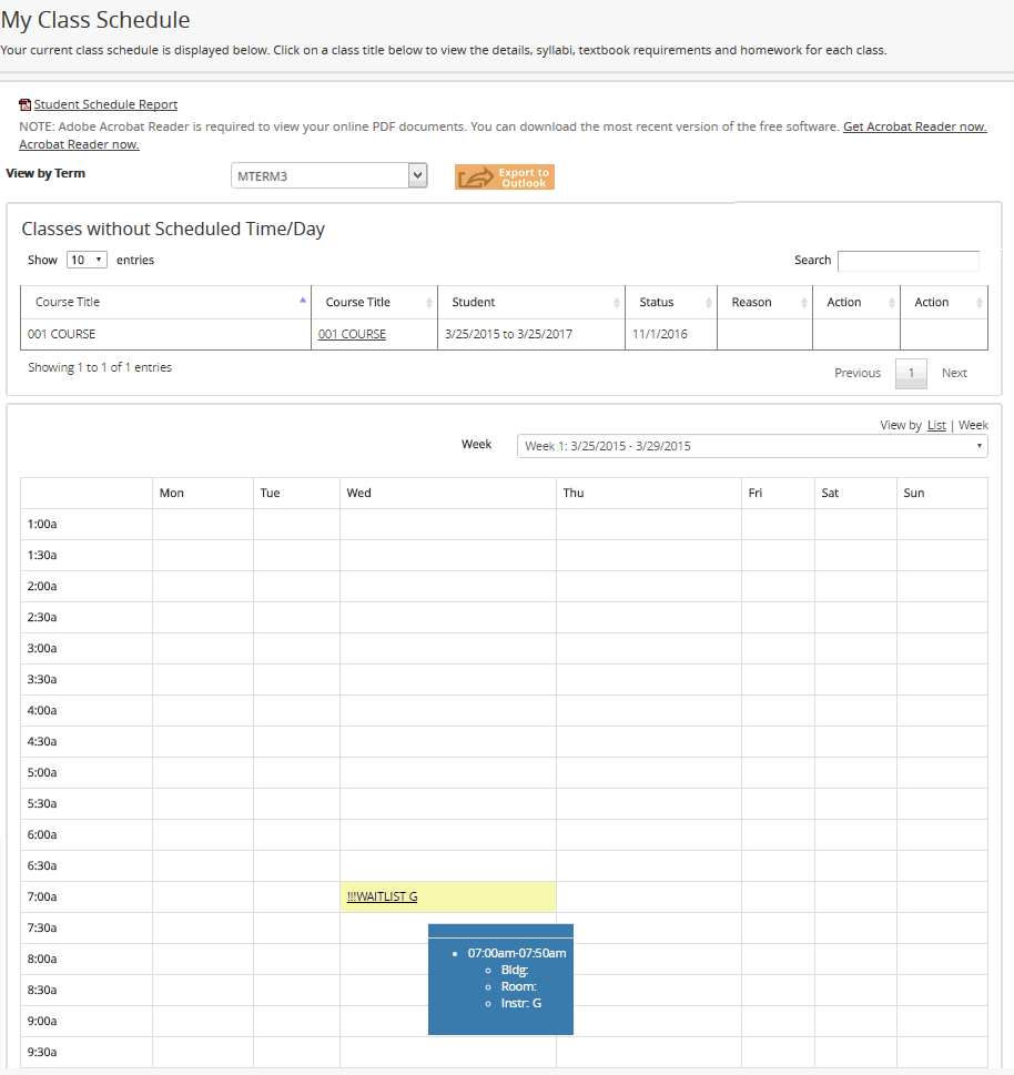 Student Class Schedule